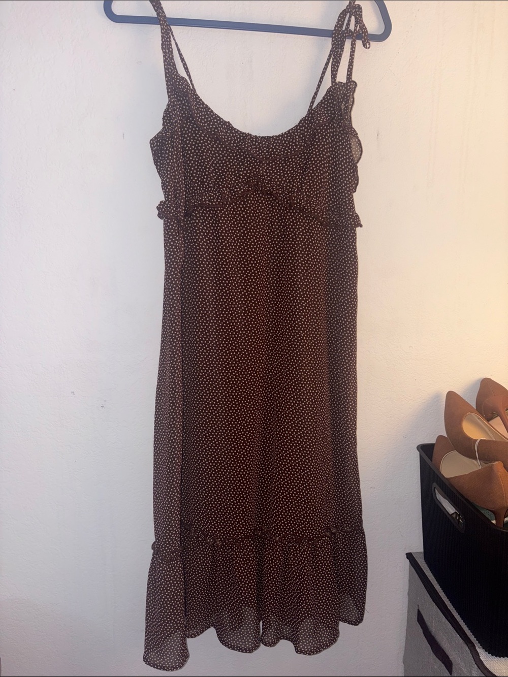 Brown Polka Dot Tie-Shoulder Midi Dress